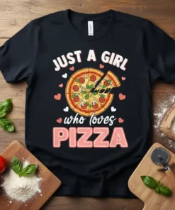 T-shirt with "JUST A GIRL who loves PIZZA" text and a cartoon pizza graphic, surrounded by hearts