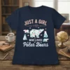 T-shirt with text "JUST A GIRL WHO LOVES Polar Bears" and floral polar bear graphics, navy blue shirt