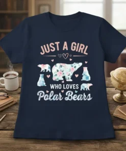 T-shirt with text "JUST A GIRL WHO LOVES Polar Bears" and floral polar bear graphics, navy blue shirt