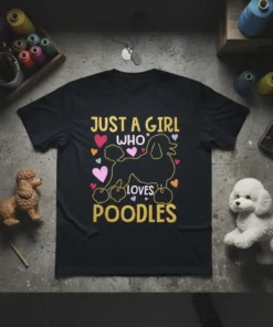 Just A Girl Who Loves Poodles text with poodle silhouette and hearts graphic on black t-shirt