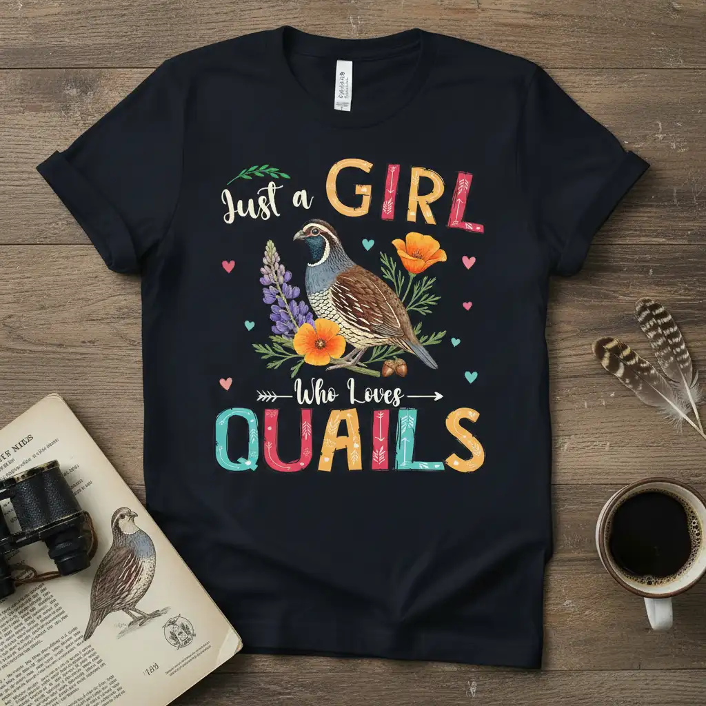 Just a GIRL Who LOVES QUAILS text with detailed quail and floral graphic on a black t-shirt design