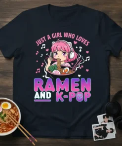 Just a Girl Who Loves Ramen and K-Pop t-shirt design featuring an anime girl eating ramen and music notes