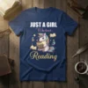 Just A Girl Who Loves Reading text with a cute unicorn reading a book, stars, and floating books on a