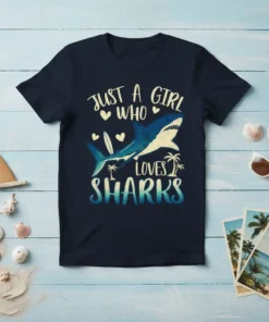 Navy t-shirt with "Just A Girl Who Loves Sharks" text and a shark graphic, hearts, and palm trees