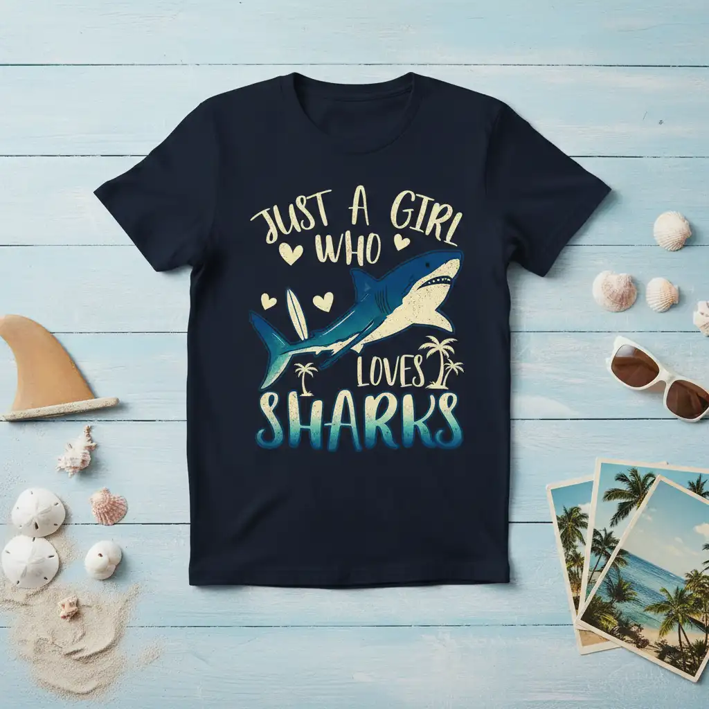 Just A Girl Who Loves Sharks text with a cool shark graphic and tropical palm trees on a navy shirt
