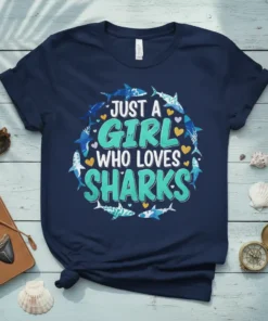 Navy t-shirt with "JUST A GIRL WHO LOVES SHARKS" text in teal and white, surrounded by shark graphics and hearts