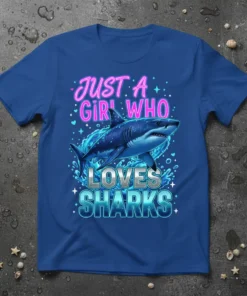 Just A Girl Who Loves Sharks text with a detailed shark illustration on a blue t-shirt