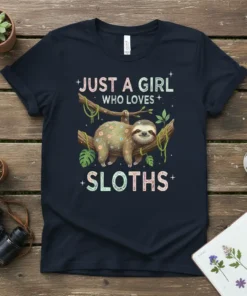 Just A Girl Who Loves Sloths text with a cute sloth hanging on a branch, on a navy t-shirt