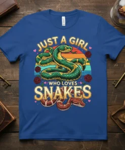Just A Girl Who Loves Snakes text with a green snake and roses graphic on a blue t-shirt