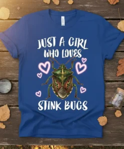 Just a girl who loves stink bugs quote with a detailed stink bug graphic and pink hearts on a royal