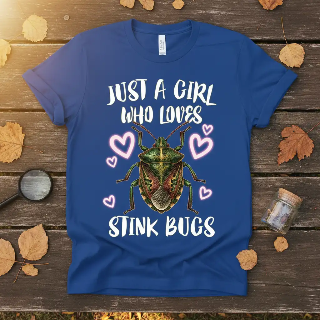 Just A Girl Who Loves Stink Bugs quote with detailed stink bug graphic and hearts on blue tee