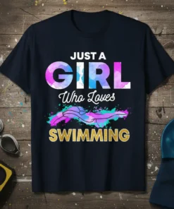 Just A Girl Who Loves Swimming text with a watercolor swimmer graphic and gold glitter effect on a navy t-shirt