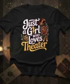 Just a Girl WHO Loves Theater text with theatrical masks, ballet slippers, roses, and a top hat graphic on a