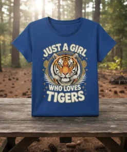 Just A Girl Who Loves Tigers t-shirt design with a detailed tiger face graphic and bold text