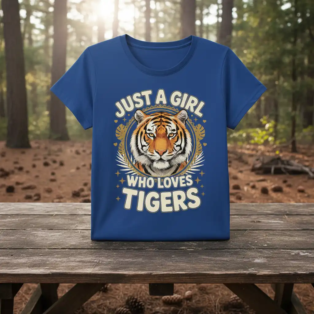 Just A Girl Who Loves Tigers quote t-shirt featuring a detailed tiger face graphic and decorative border