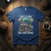 Just A Girl Who Loves Trains quote with a vintage steam engine graphic on a blue t-shirt