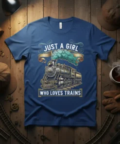 Just A Girl Who Loves Trains quote with a vintage steam engine graphic on a blue t-shirt