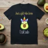 Just a girl who loves UniCado text with an avocado unicorn graphic on a black t-shirt