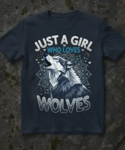 Just A Girl Who Loves Wolves text with a howling wolf illustration on a navy blue t-shirt