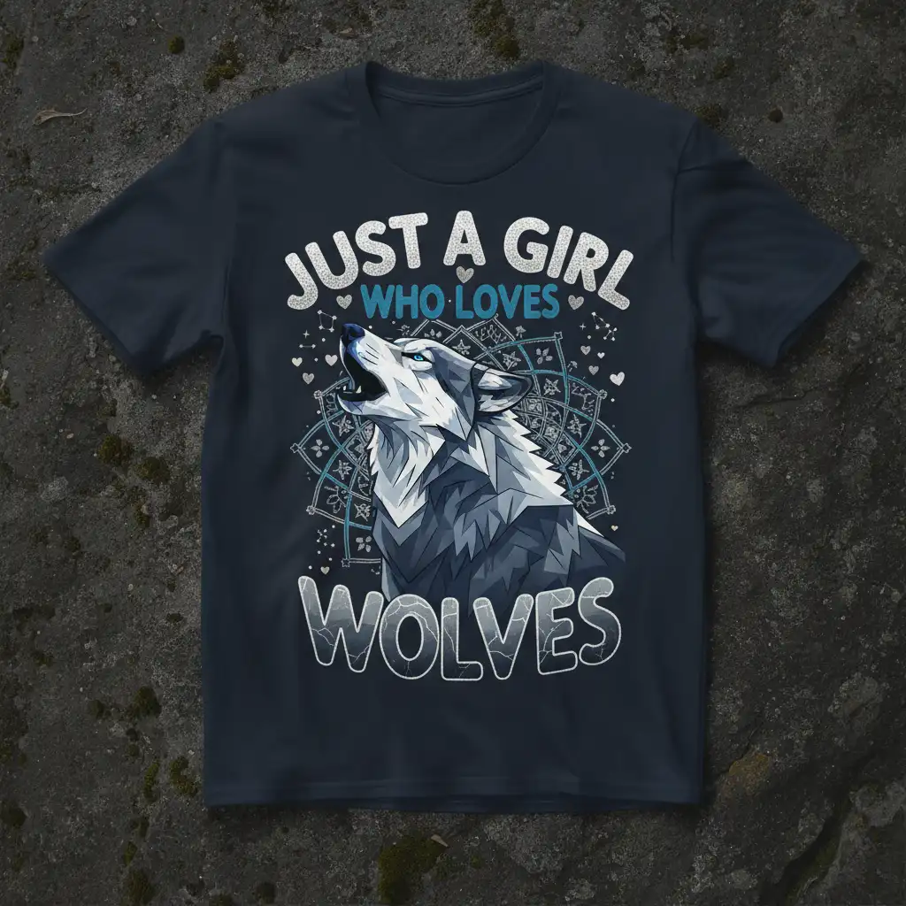 Just A Girl Who Loves Wolves quote with a geometric howling wolf on a graphic tee