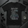 Just a Girl Who Loves Wolves t-shirt with a detailed wolf illustration and starry background