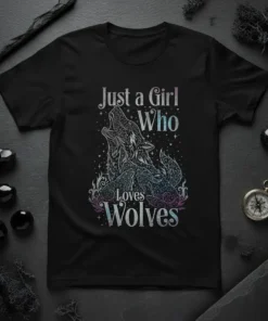Just a Girl Who Loves Wolves t-shirt with a detailed wolf illustration and starry background