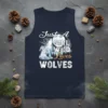 Just A Girl Who Loves Wolves text with a geometric wolf and moon graphic on a navy tank top