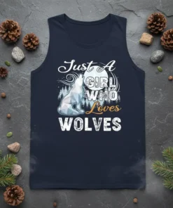 Just A Girl Who Loves Wolves text with a geometric wolf and moon graphic on a navy tank top