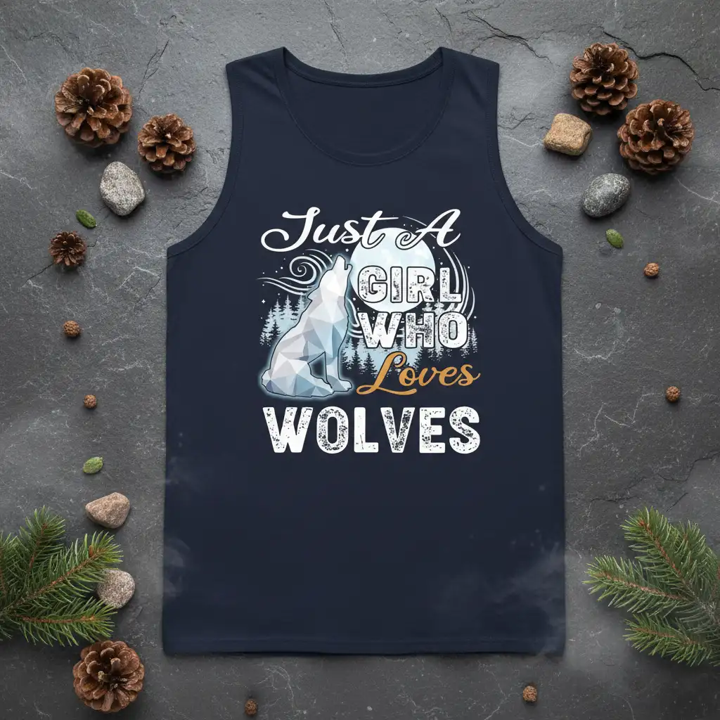Just A Girl Who Loves Wolves text and geometric wolf graphic with moon and trees on a navy tank top