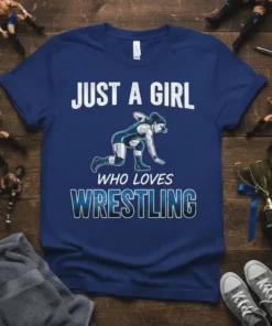 Just A Girl Who Loves Wrestling t-shirt design featuring a female wrestler in action and bold typography