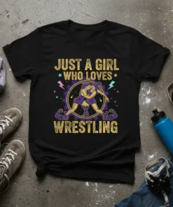 Black t-shirt with "JUST A GIRL WHO LOVES WRESTLING" text and graphic of two female wrestlers in action