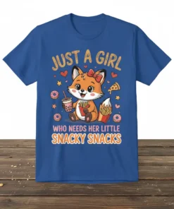 Just A Girl Who Needs Her Little Snacky Snacks t-shirt with a cute fox holding fries and boba