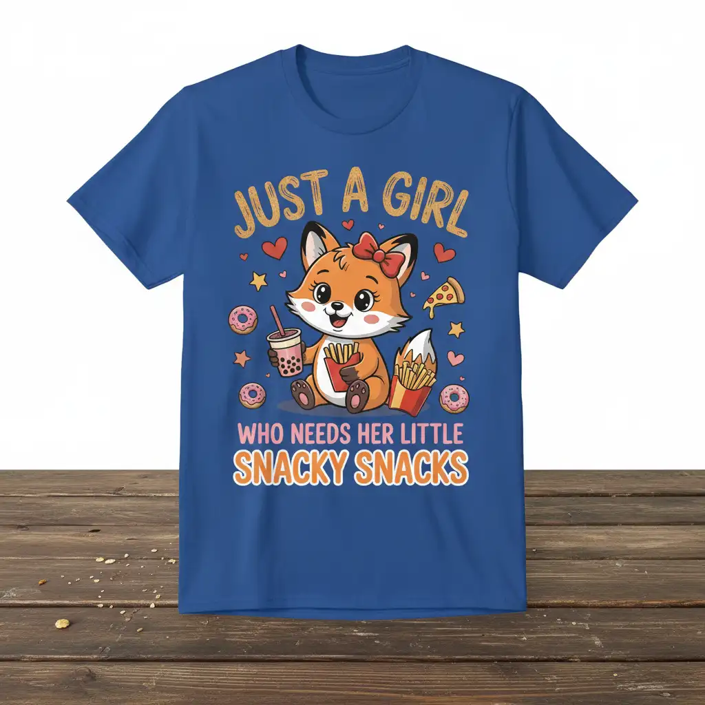 Just A Girl Who Needs Her Little Snacky Snacks quote with a cute fox enjoying boba and fries