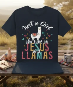 T-shirt design with white text "Just a Girl who runs on" above a llama graphic, followed by colorful text "JESUS