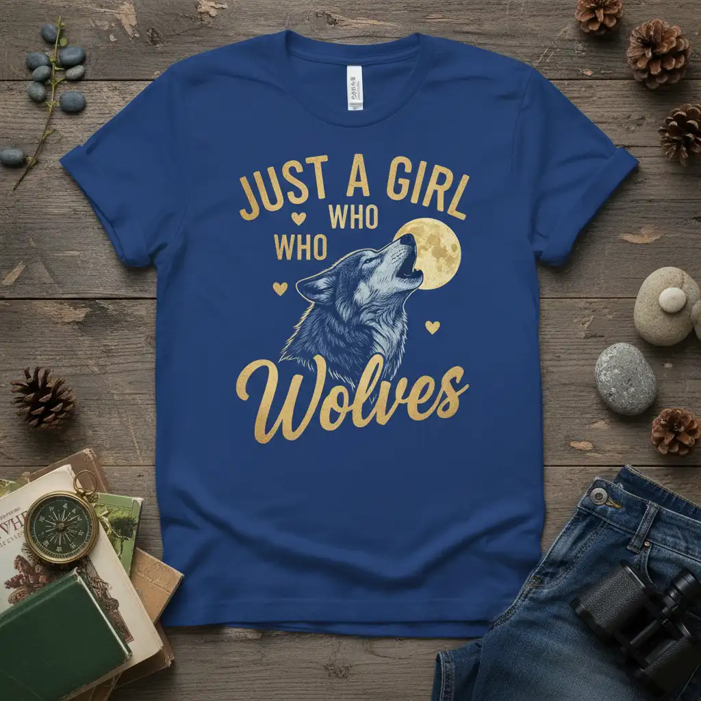 JUST A GIRL WHO WHO Wolves text with detailed wolf howling at moon graphic on blue t-shirt