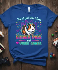 Pixel art guinea pig wearing headphones with text "Just A Girl Who Woves Guinea Pigs and Video Games" on a