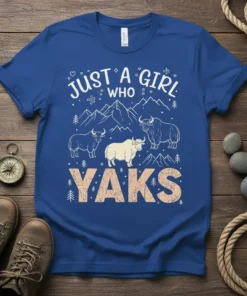 Just A Girl Who Yaks t-shirt with mountain graphic and three yaks, white text and outline design