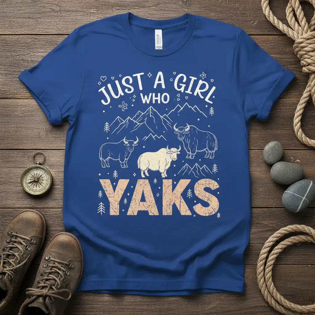 Just A Girl Who Yaks graphic tee with mountain scenery and three stylized yaks, white text design