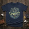 Navy blue t-shirt with "JUST A GIRL WIVES WHO LOVES Gymnastics" text and stylized gymnasts in a circular design