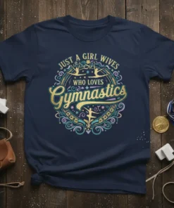 Navy blue t-shirt with "JUST A GIRL WIVES WHO LOVES Gymnastics" text and stylized gymnasts in a circular design