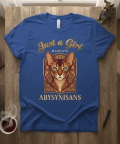 Abyssinian cat portrait with text "Just a Girl In Love With Abysynians" on a royal blue t-shirt