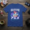 Anime girl graphic with Japanese text "Anime" and cityscape on a blue t-shirt, saying "Just a Girl of Culture Who