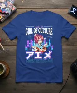 Anime girl graphic with Japanese text "Anime" and cityscape on a blue t-shirt, saying "Just a Girl of Culture Who
