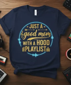Navy t-shirt with gold text "JUST A good mom WITH A HOOD PLAYLIST" in a circular design with music graphics