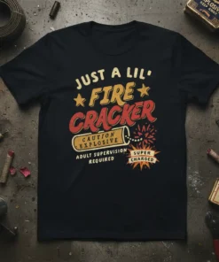 Black t-shirt with vintage design: "JUST A LIL' FIRE CRACKER CAUTION EXPLOSIVE ADULT SUPERVISION REQUIRED SUPER CHARGED" text and graphic