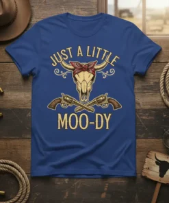 Just A Little Moo-dy text on a blue t-shirt with a cow skull wearing a bandana and crossed revolvers graphic
