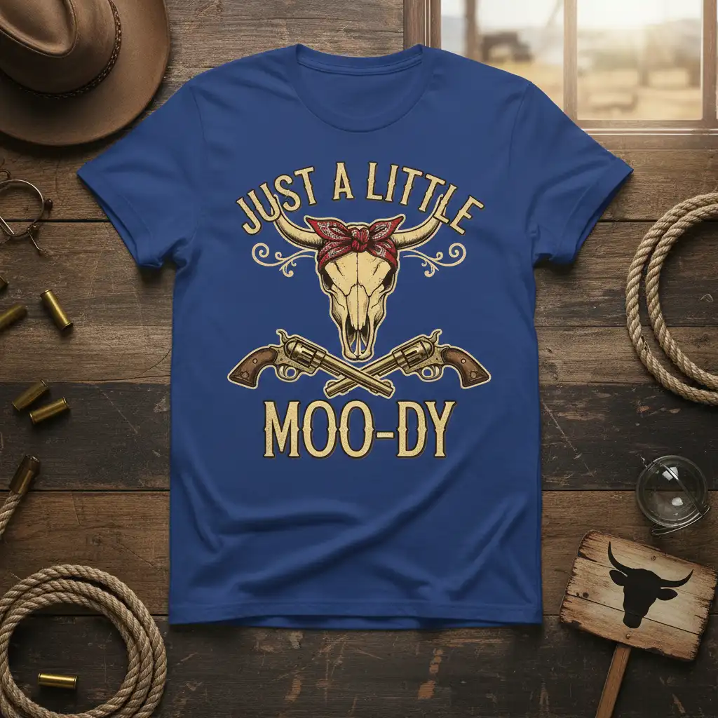 Just A Little Moo-dy western quote on a t-shirt with cow skull and guns graphic