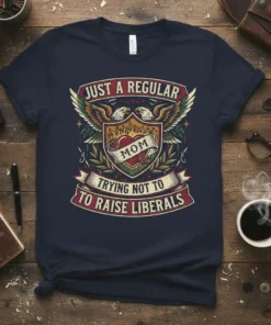 Just A Regular Mom Trying Not To Raise Liberals T-Shirt with eagles and heart design. Political mom apparel
