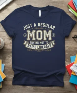 Navy t-shirt with "JUST A REGULAR MOM TRYING NOT TO RAISE LIBERALS" in distressed cream and gold vintage typography, featuring