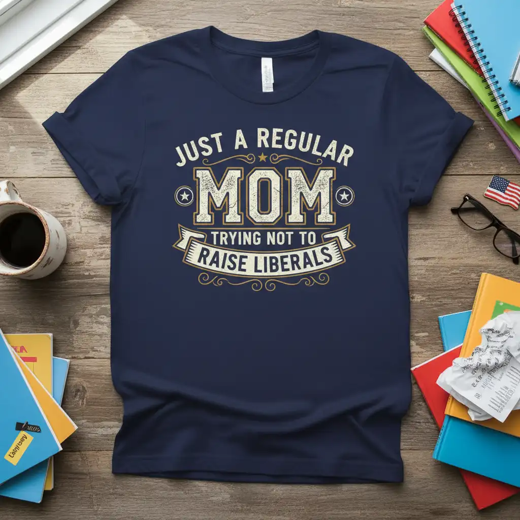 Just A Regular Mom Trying Not To Raise Liberals quote on navy tee with vintage distressed lettering and stars